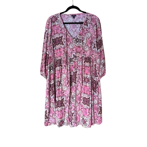 Torrid 00 Pink Paisley Print V Neck Babydoll Dress Plus Size Casual Boho - Picture 4 of 13